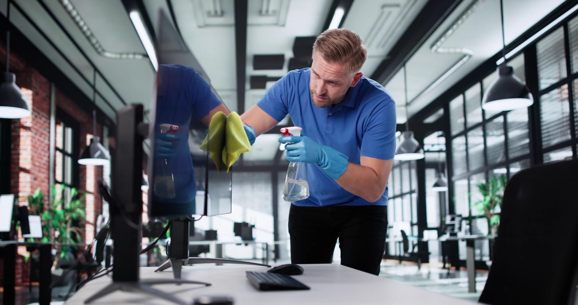 Professional Janitor Cleaning An Office Workspace With Computers